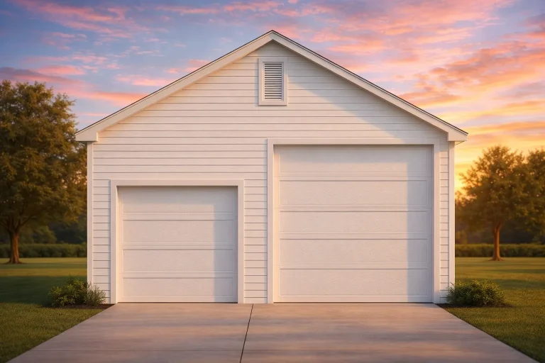 Front elevation of traditional two-car garage with horizontal lap siding, gable roof, and symmetrical suburban design