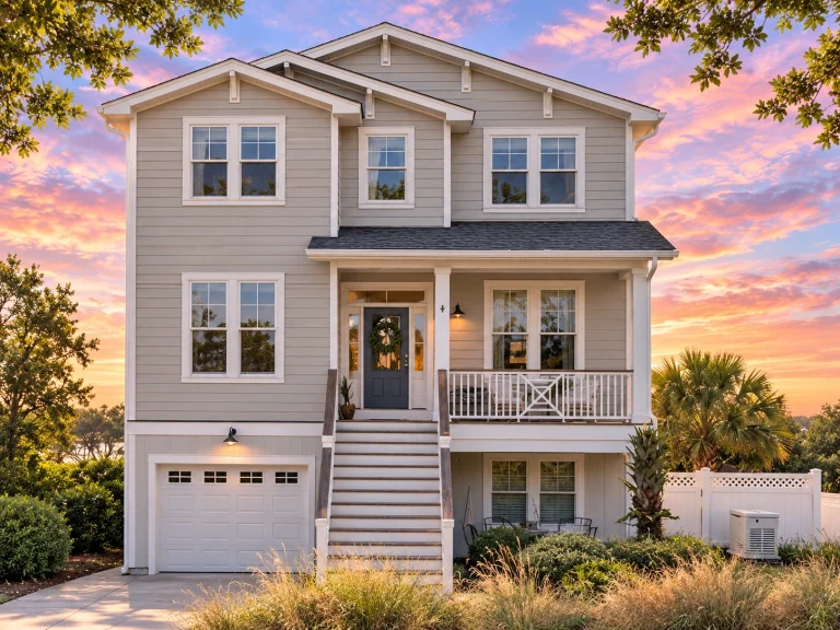 Affordable House Plans 2 Front elevation of a Coastal Traditional shingle-style home with Charleston balcony, elevated entry, and classic coastal proportions