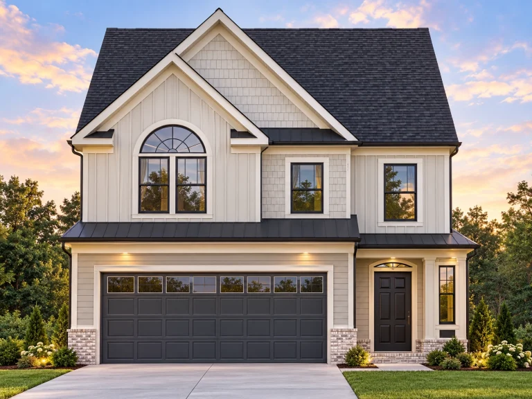 Front elevation of a Traditional Colonial style home featuring siding and stone accents, two stories, and a welcoming entry with gabled dormer above the garage