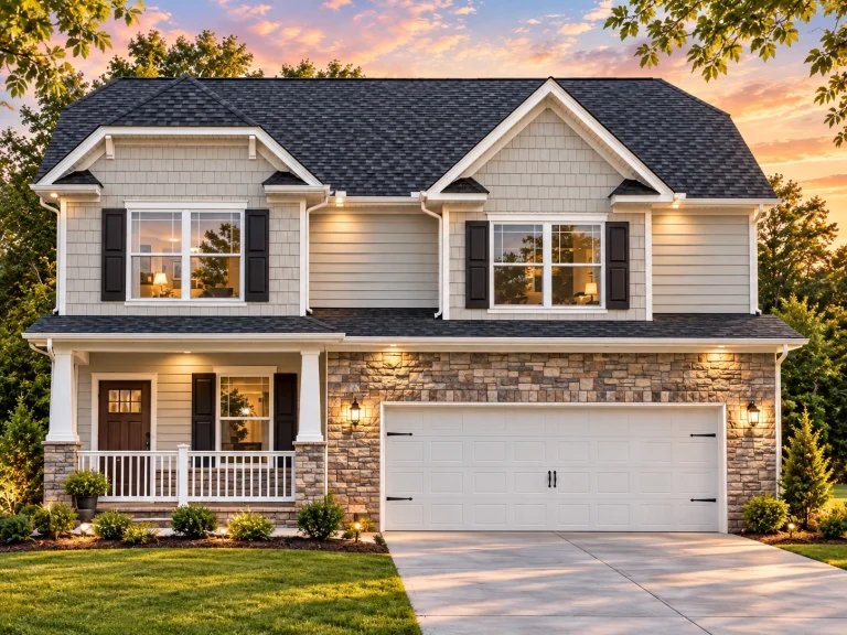 Front view of a Traditional Colonial style home with horizontal siding, partial stone accents, and symmetrical windows under a gable roof