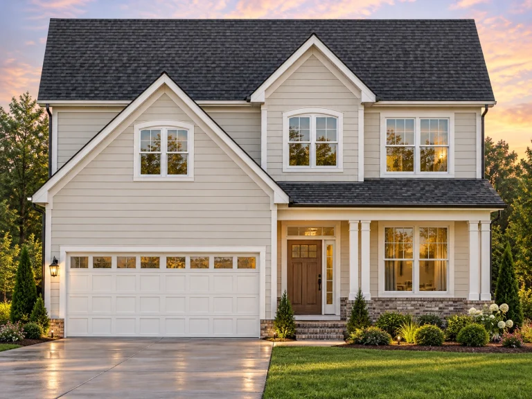 Front elevation of a Traditional Colonial home featuring a brick base, horizontal siding, and classic double gables with symmetrical windows