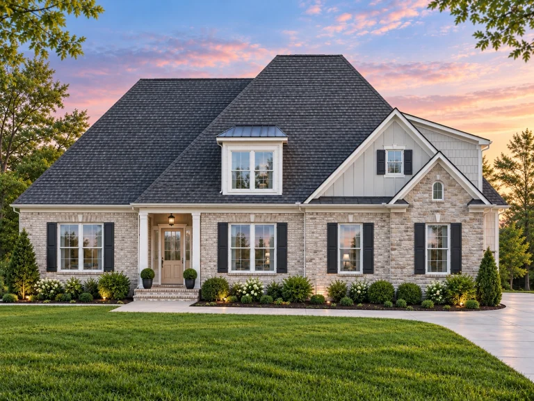 Front elevation of a Cape Cod style home featuring horizontal siding, stone exterior accents, gabled rooflines, and a welcoming covered porch