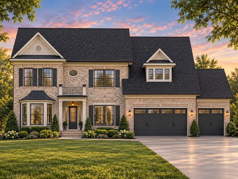 Affordable House Plans 21 Front view of a Traditional Colonial style home featuring horizontal lap siding, stone foundation detailing, black shutters, and a symmetrical façade with a gable roof and dormer windows.