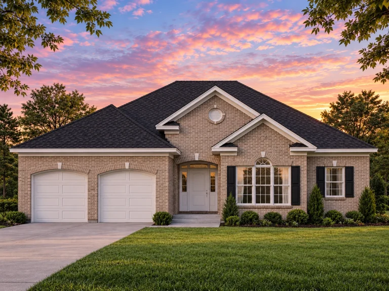 Front elevation of a Traditional Ranch style home featuring horizontal siding, stone accents, shutters, and an inviting arched entry