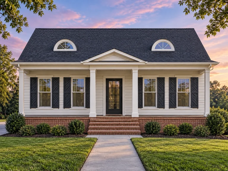 Front elevation of a Traditional Colonial Cottage home featuring horizontal lap siding, brick foundation, shuttered windows, and a symmetrical façade