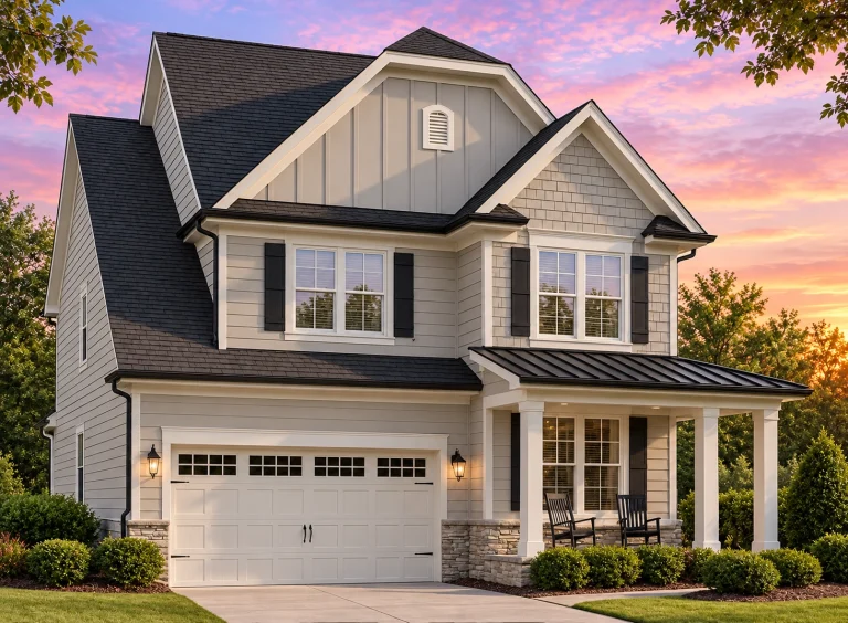 Garage Apartment Plans 1 Front elevation of a Modern Farmhouse home featuring board and batten siding, horizontal lap siding, stone accents, and black metal roof details