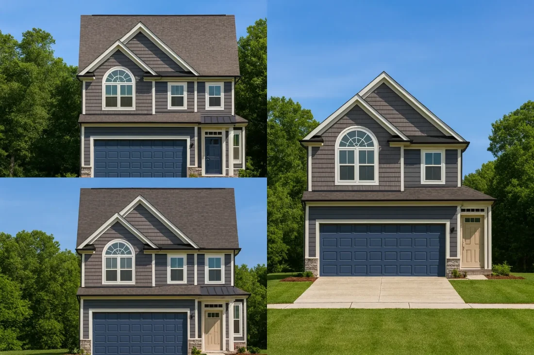 Front elevation of a Traditional Colonial style home featuring siding and stone accents, two stories, and a welcoming entry with gabled dormer above the garage