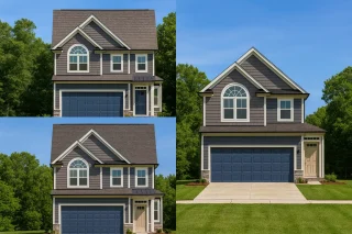 Front elevation of a Traditional Colonial style home featuring siding and stone accents, two stories, and a welcoming entry with gabled dormer above the garage
