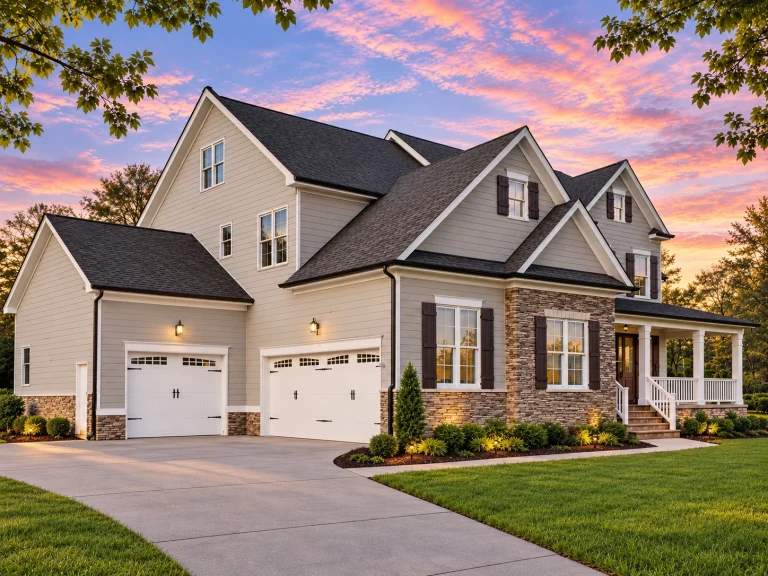 Front elevation of New American Traditional style home with stone veneer, lap siding, gable shake accents, and side-entry garage at sunset