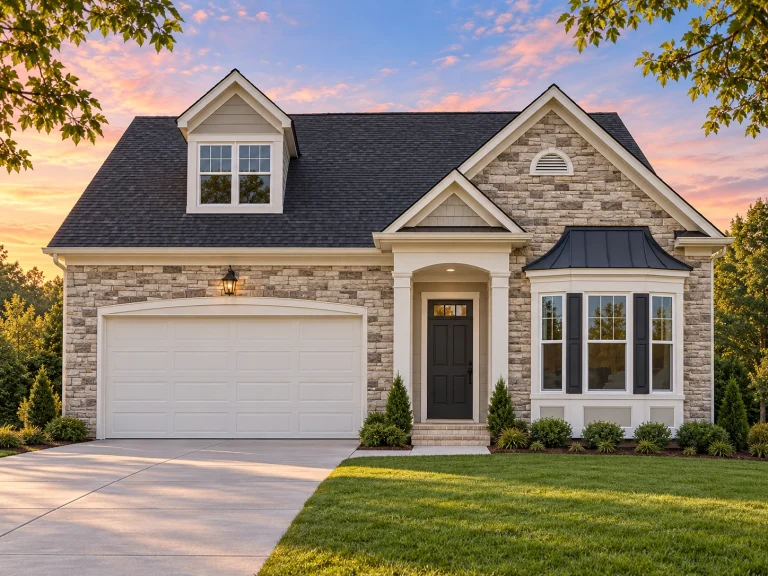 House Plans with Outdoor Kitchen 24 Front elevation of a Traditional Ranch style house featuring a mix of horizontal siding and stone accents with a gabled roof and dormer windows