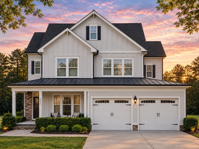 Front elevation of modern farmhouse style home with board and batten siding, brick accents, covered porch, and two-car garage