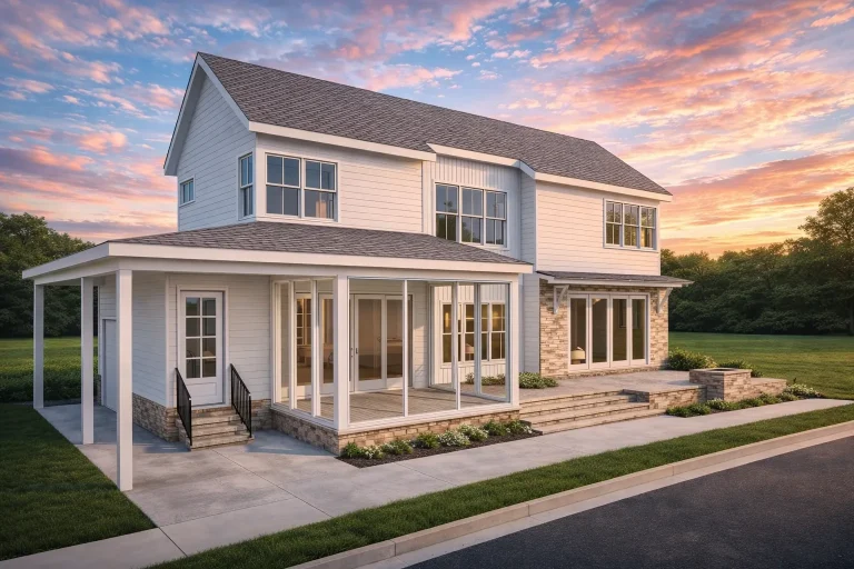 Front exterior of a Coastal Farmhouse style home featuring horizontal siding, board and batten accents, stone base, and a covered wraparound porch