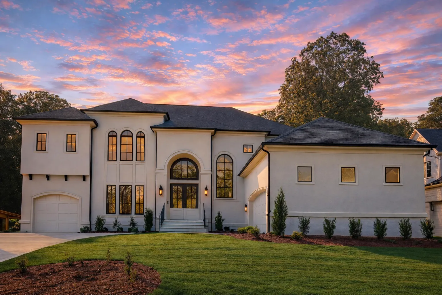 Front elevation of a Neoclassical style luxury home with white stucco exterior, symmetrical design, arched entry, and classic proportions