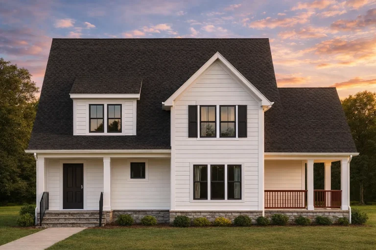 Front elevation of a Traditional Suburban Farmhouse featuring horizontal lap siding, stone foundation accents, black windows, and a covered porch
