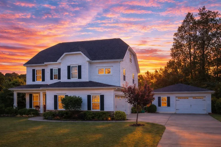 Front elevation of Traditional Colonial style two-story home with white horizontal siding, black shutters, covered porch, and detached two-car garage at sunset