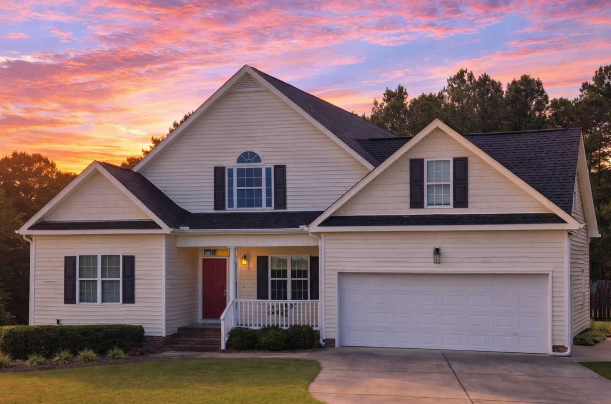 Front elevation of a New American Modern Traditional home featuring horizontal siding, shake gable accents, brick foundation trim, and a welcoming covered porch