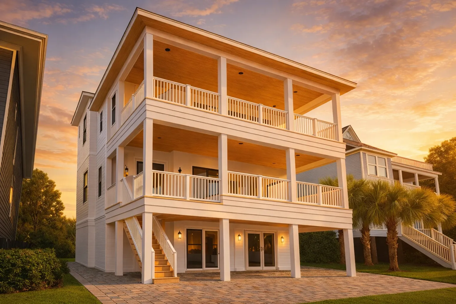 Front exterior of an elevated Coastal Low Country style home featuring wraparound porches, white siding, and Charleston-inspired Southern architecture