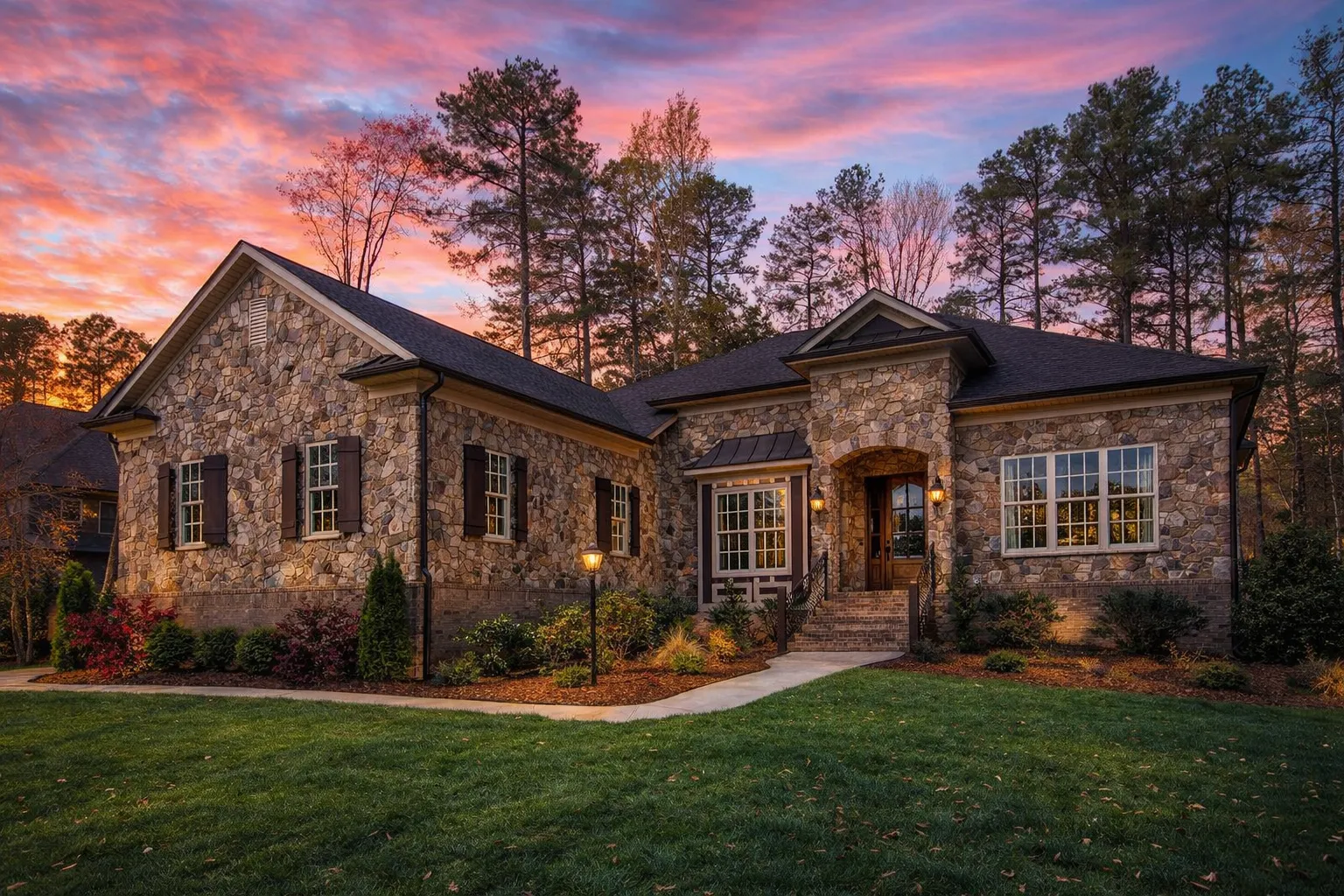 Front elevation of a Traditional Ranch style home featuring brick exterior, board and batten gable accents, dark shutters, and a welcoming arched entry