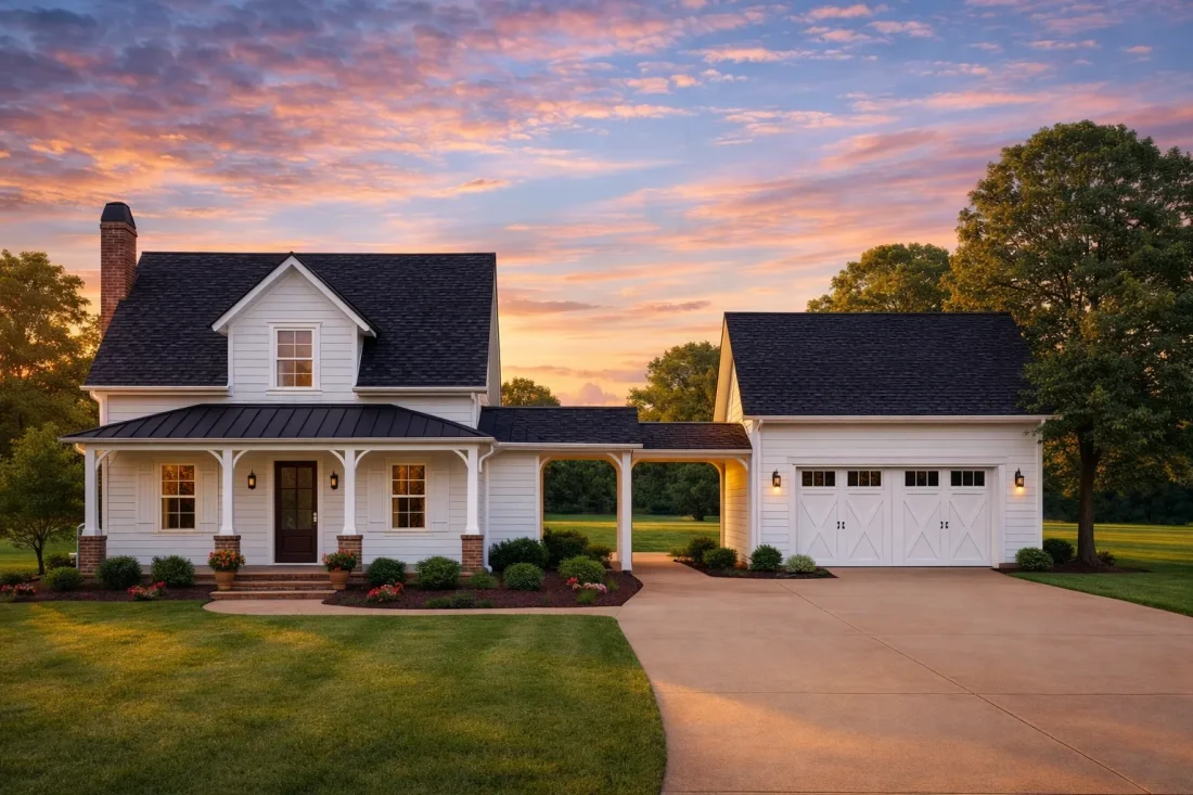 Modern farmhouse Craftsman-style home with metal roof, lap siding, brick accents, covered porch, and detached garage connected by breezeway