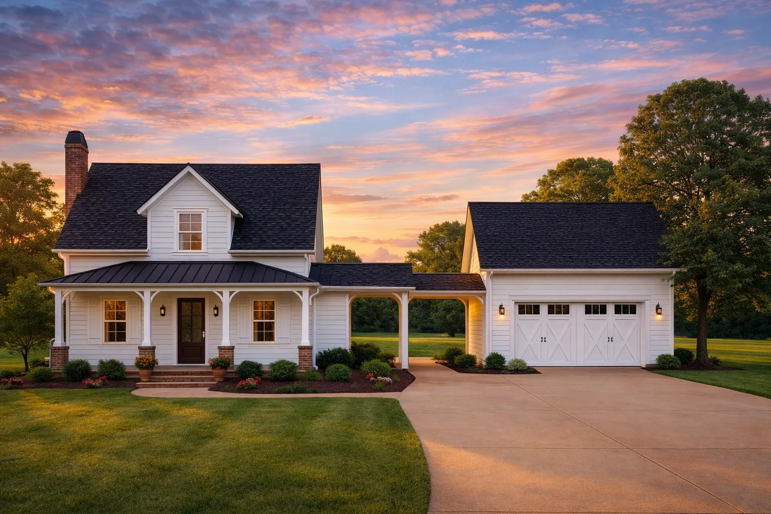 Modern farmhouse Craftsman-style home with metal roof, lap siding, brick accents, covered porch, and detached garage connected by breezeway