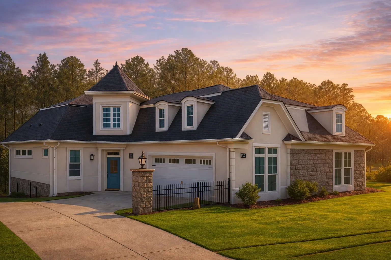 Front exterior of a New American style home with brick and siding exterior, dormer windows, gabled rooflines, and side-entry garage
