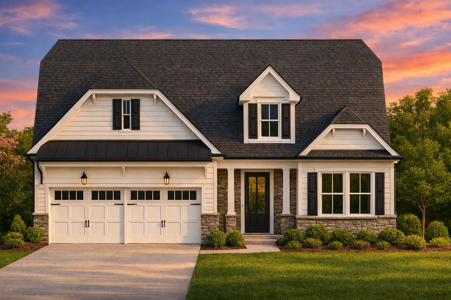 Front elevation of a Modern Farmhouse New American style home featuring horizontal siding, stone accents, black shutters, and a welcoming covered entry