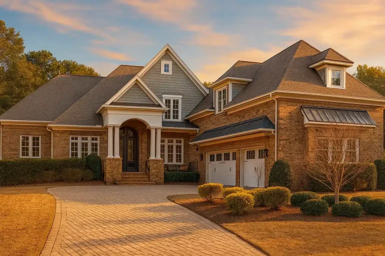 Front exterior view of a New American style home with brick facade, shingle siding accents, steep gabled rooflines, and side-entry garage