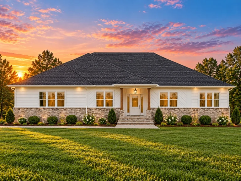 Front elevation of a Traditional Ranch home featuring brick wainscoting, white horizontal siding, and a low-hipped roof with symmetrical windows