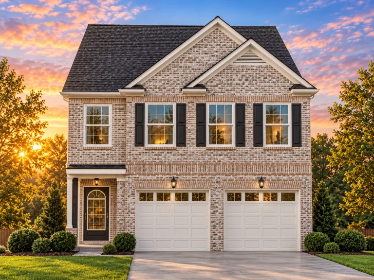 Front elevation of a New American Traditional style two-story home with horizontal siding, stone accents, symmetrical windows, and attached two-car garage