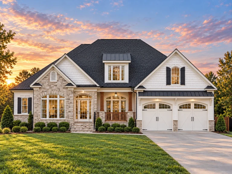 Front view of Traditional Craftsman home showcasing stone base, shingle and siding accents, and double front gables with covered porch