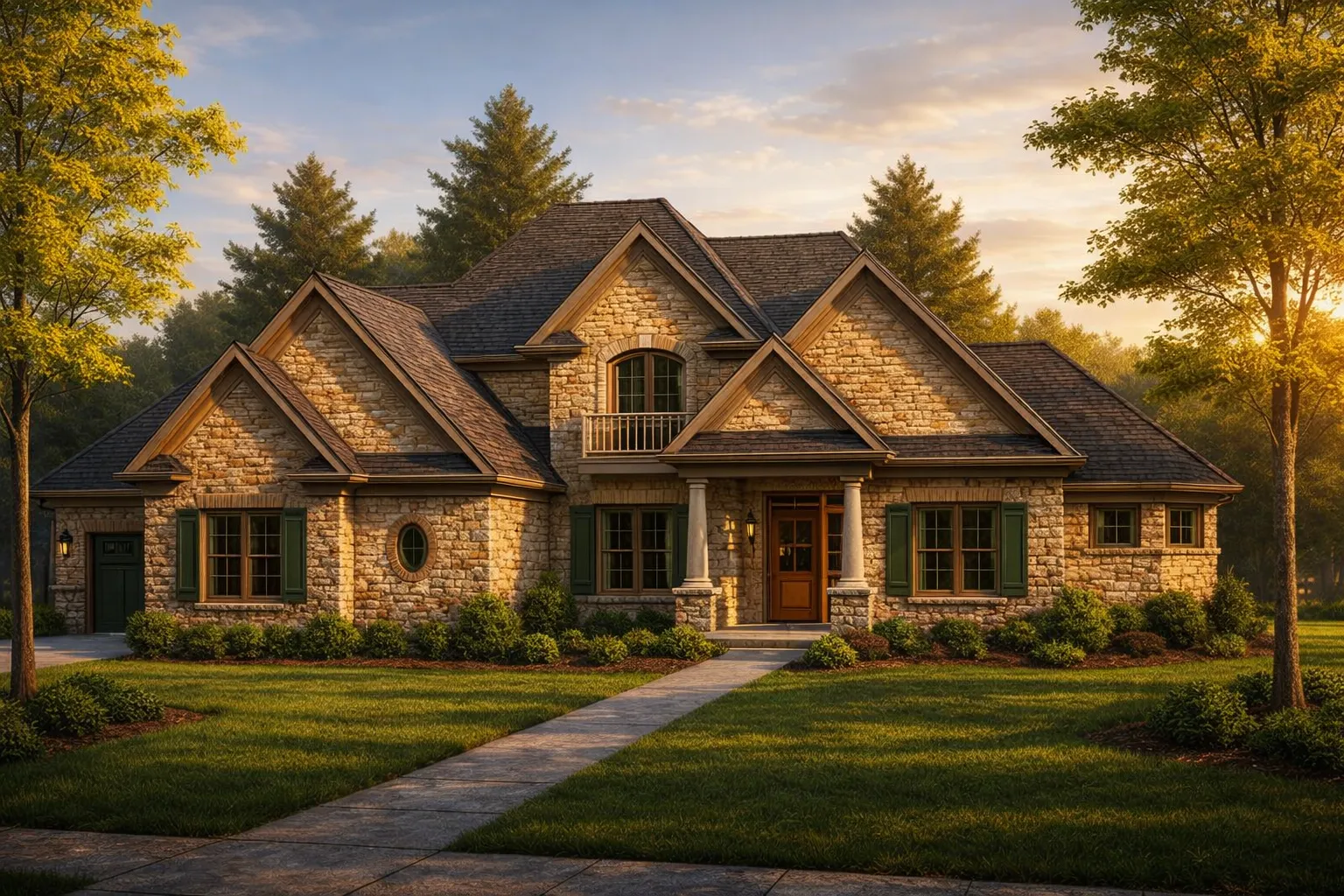 Front exterior view of a Traditional Craftsman home featuring natural stone masonry, European Craftsman detailing, gabled rooflines, and a welcoming covered entry