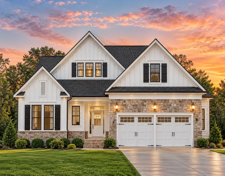 Georgian House Plans 3 Modern Farmhouse with Craftsman details, 3-bedroom, 2.5-bath, 1,950 SF—board-and-batten siding, stone accents, double-gable roof, 2-car garage
