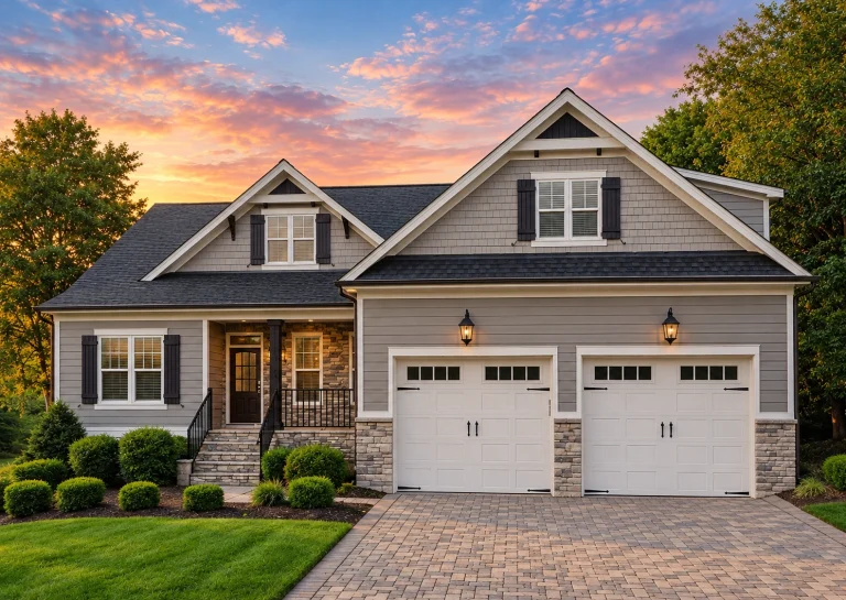 Modern Farmhouse House Plans 5 Front elevation of a New American Modern Traditional house featuring horizontal siding, stone accents, symmetrical gables, and an attached two-car garage