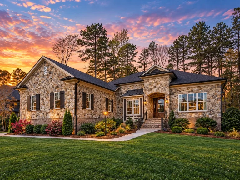 Front elevation of a Traditional Ranch style home featuring brick exterior, board and batten gable accents, dark shutters, and a welcoming arched entry
