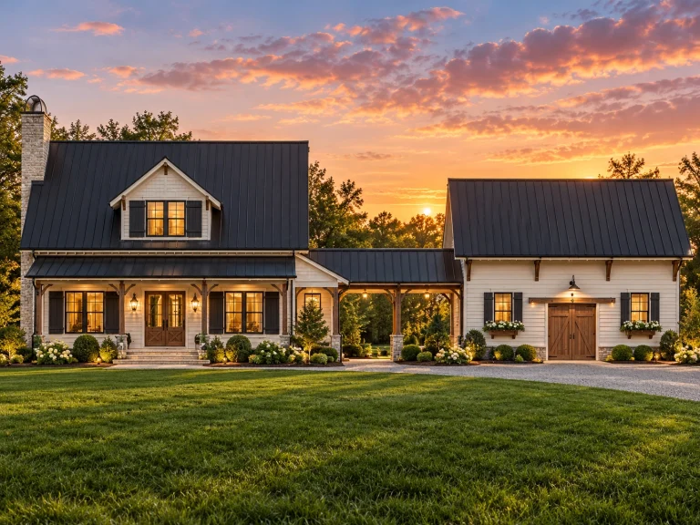 Modern farmhouse Craftsman-style home with metal roof, lap siding, brick accents, covered porch, and detached garage connected by breezeway