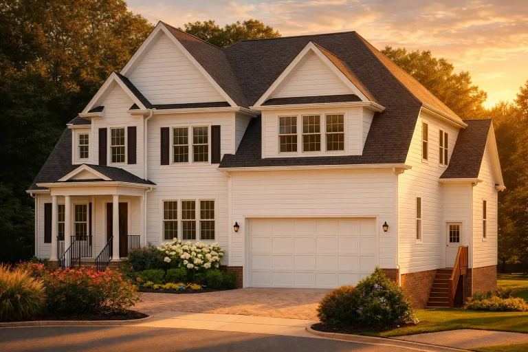 Front elevation of a Modern Farmhouse style home with white horizontal lap siding, gabled rooflines, black shutters, and a two-car garage