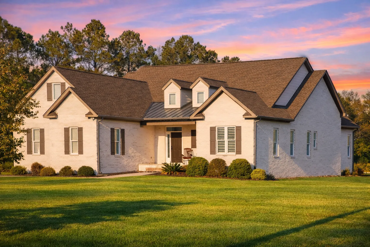 Front view of a Traditional Colonial home with red brick exterior, symmetrical design, dormer windows, and black shutters on manicured lawn