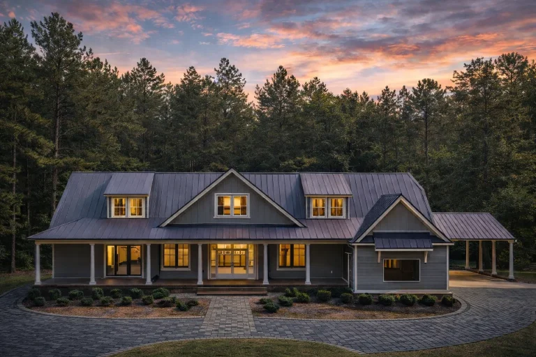 Front elevation of a modern farmhouse style home featuring board and batten siding, standing seam metal roof, covered porch, and symmetrical design