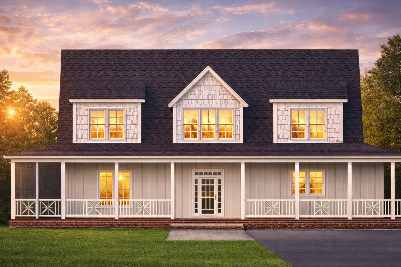 House Plans with Basement Bedrooms 11 Front elevation of a Colonial Cape Cod style home featuring lap siding, shingle gables, centered entry, and a full-width covered porch