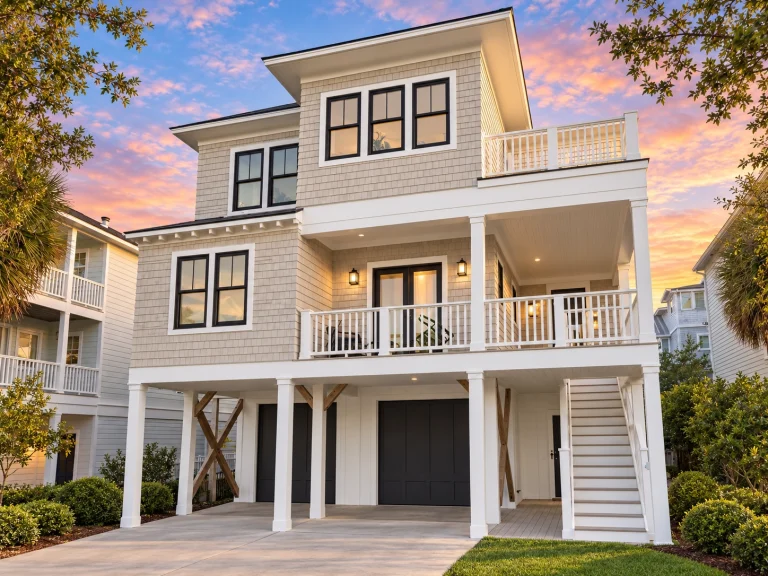 Front elevation of Coastal Shingle Style beach house with shingle siding, elevated foundation, covered porches, and exterior stairs