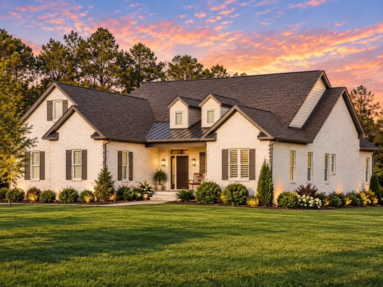 Front view of a Traditional Colonial home with red brick exterior, symmetrical design, dormer windows, and black shutters on manicured lawn