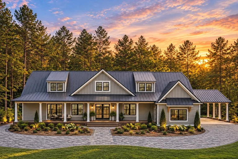 Top Designer-Approved House Plans 10 Front elevation of a modern farmhouse style home featuring board and batten siding, standing seam metal roof, covered porch, and symmetrical design