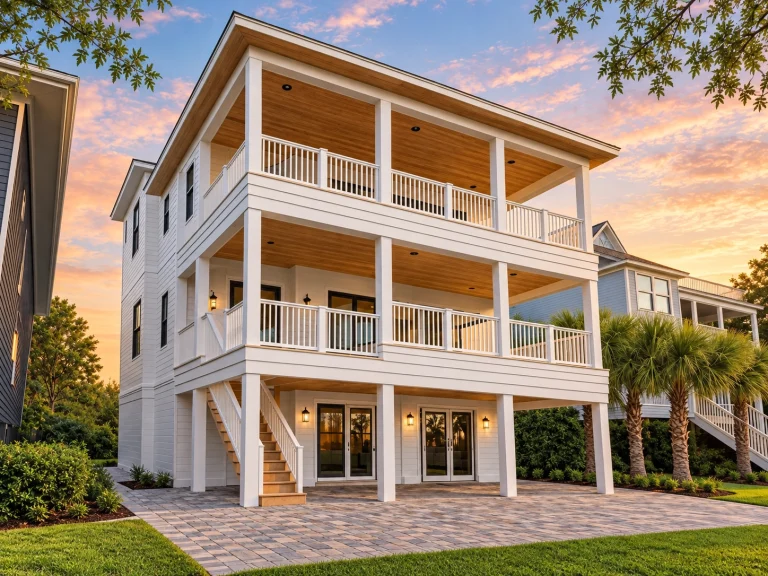 Front exterior of an elevated Coastal Low Country style home featuring wraparound porches, white siding, and Charleston-inspired Southern architecture