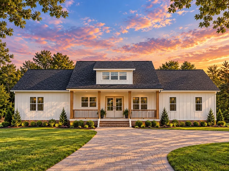 House Plans with Fireplace 8 Front exterior view of a Traditional Ranch style Southern Farmhouse featuring horizontal siding, brick foundation, and a welcoming covered front porch.