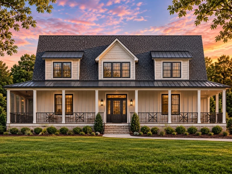 Front elevation of a Colonial Cape Cod style home featuring lap siding, shingle gables, centered entry, and a full-width covered porch