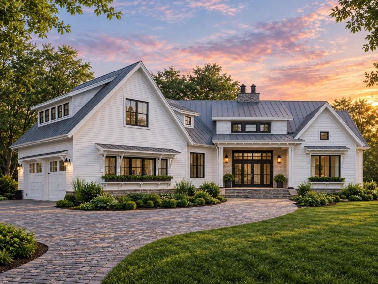 Front exterior of a Modern Farmhouse home with white lap siding, standing seam metal roof, covered entry porch, and symmetrical New American detailing