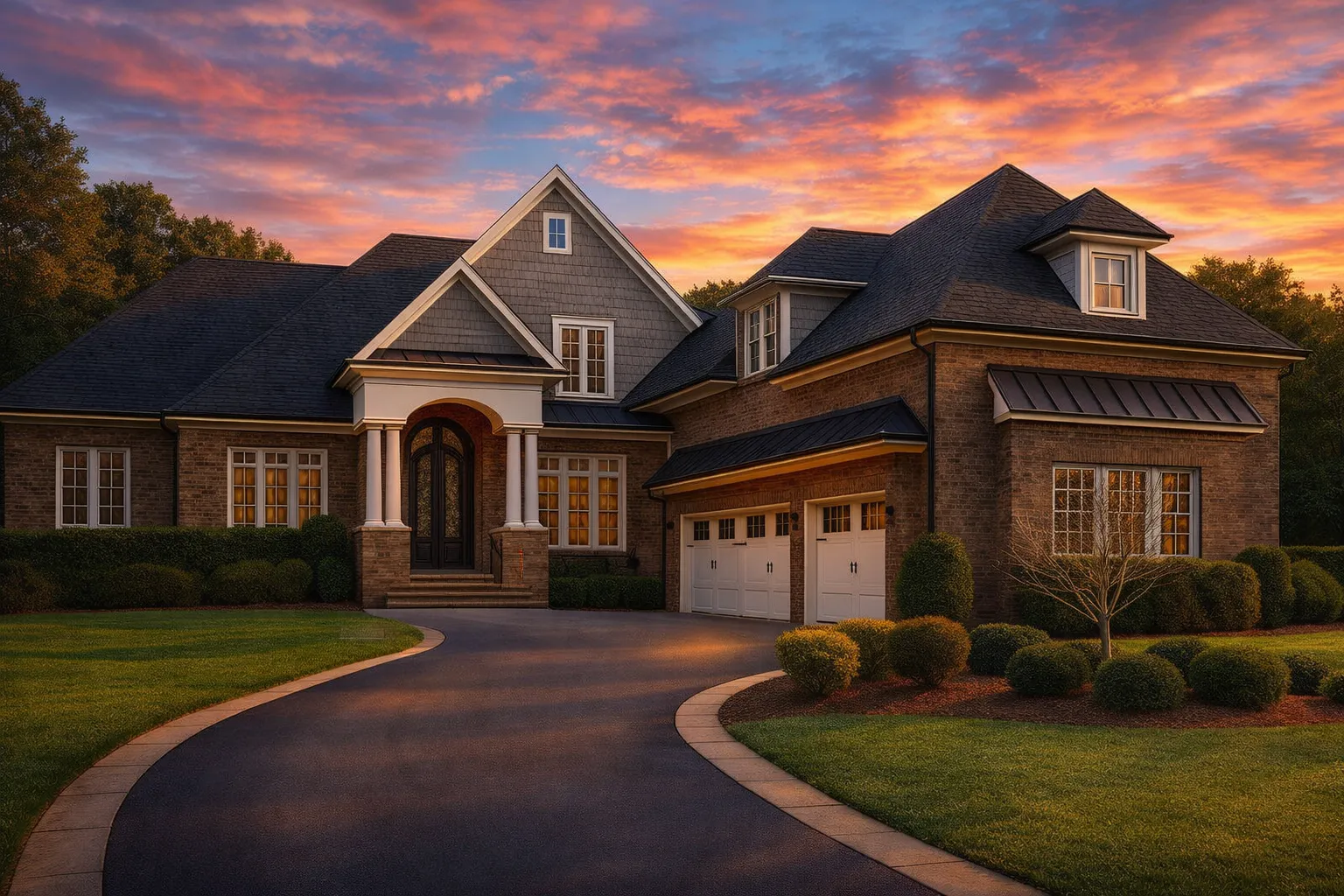 Front exterior view of a New American style home with brick facade, shingle siding accents, steep gabled rooflines, and side-entry garage