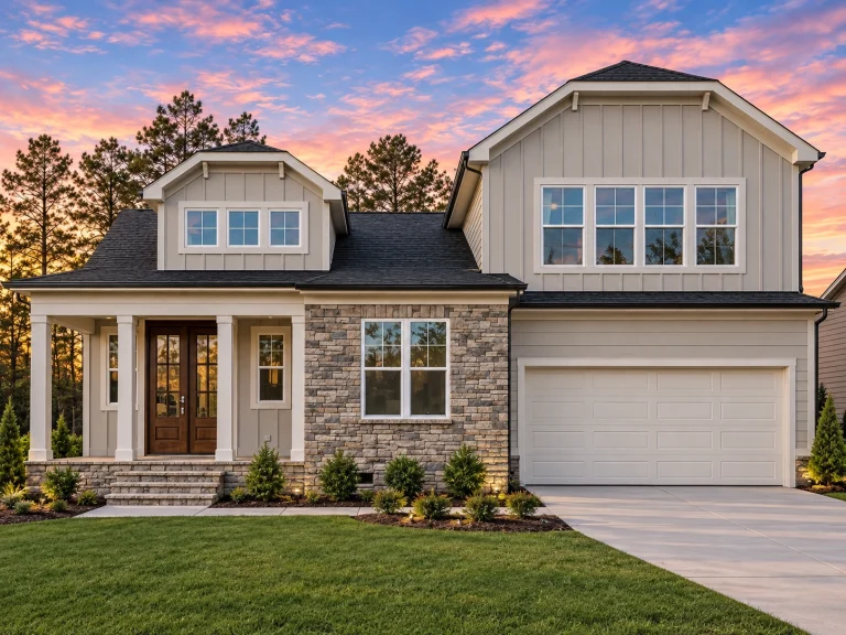 Front elevation of a New American style two-story home featuring board and batten siding, stone accents, symmetrical windows, and an attached two-car garage