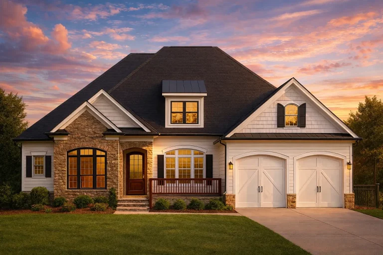 Front view of Traditional Craftsman home showcasing stone base, shingle and siding accents, and double front gables with covered porch