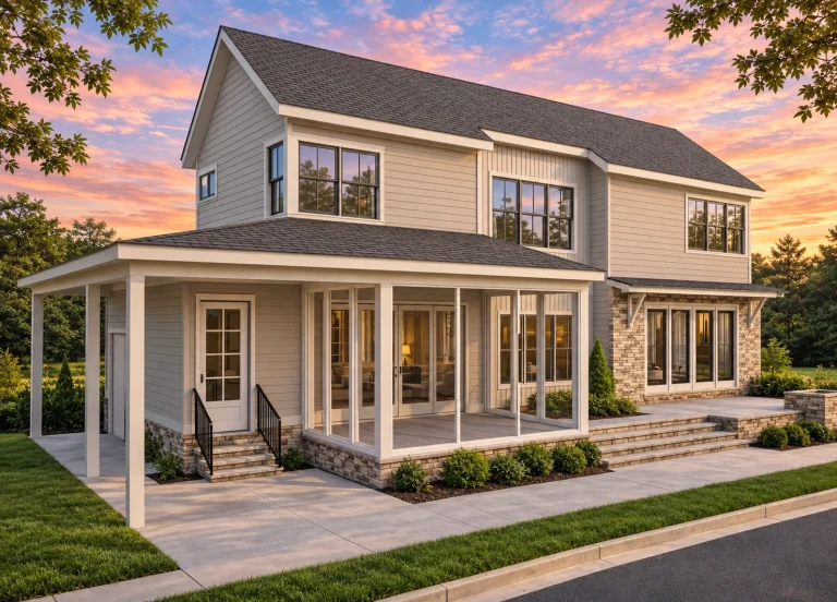 Front exterior of a Coastal Farmhouse style home featuring horizontal siding, board and batten accents, stone base, and a covered wraparound porch